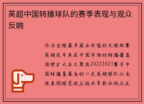 英超中国转播球队的赛季表现与观众反响