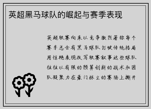 英超黑马球队的崛起与赛季表现