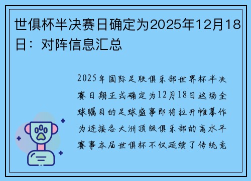 世俱杯半决赛日确定为2025年12月18日：对阵信息汇总